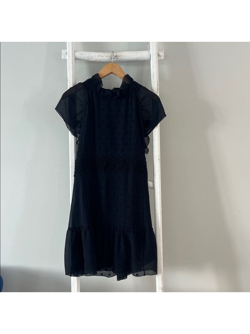 See by Chloe High ruffle neck black chiffon polka dot flutter sleeve dress 2 - Picture 3 of 15
